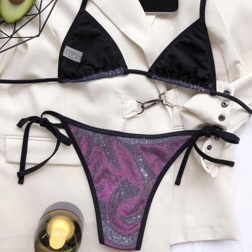Luxury Bling Rhinestone Purple Bikini Set Crystal Diamond Bandage Bathing Women Push Halter Up Sexy Swimsuit Swimwear Beach U2Q4