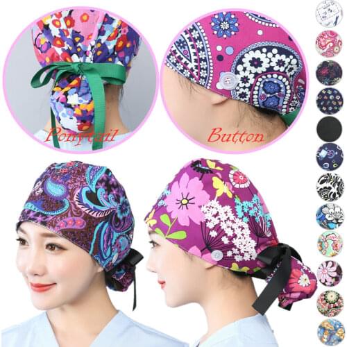 Soft Women Men Working Caps Printed Unisex Cotton Scrub Hats Head Wear Reuseable Bandage Hats For Home Cleaning Kitchen Work Cap