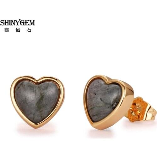 ShinyGem 12*12mm Classic Natural Dark Gray Labradorite Stone Stud Earrings Vintage Gold Plating Gem Heart Shape Earrings Women