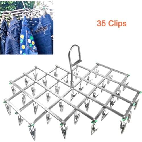 16/35 Clips Stainless Steel Laundry Rack Foldable Sock Clothes Airer Folding Hanger Drying Hanger Clothes Underwear Socks Holder