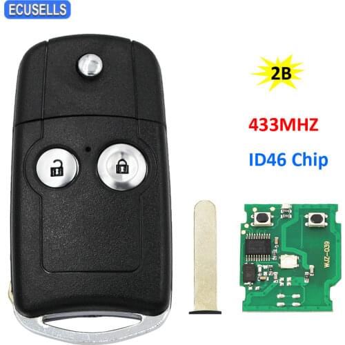 Folding Remote Key 2 Button Full Complete Smart Car Key 433MHZ With ID46 Chip For Honda CRV City Accord Fit Odyssey Uncut Blade
