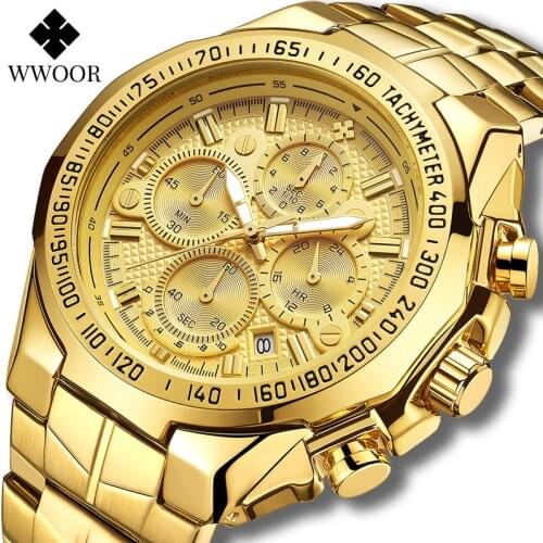 WWOOR Sports Watches For Men Luxury Military Waterproof Quartz Analogue Watch Gold Stainless Steel Chronograph Relogio Masculino