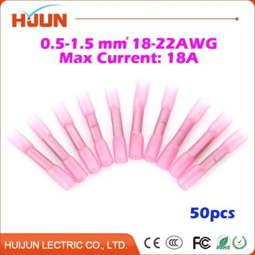 50pcs/lot Heat Shrink Butt Crimp Terminals Insulated Electrical Wire Cable Waterproof Connectors BHT1.25 Red 22-18AWG 18A