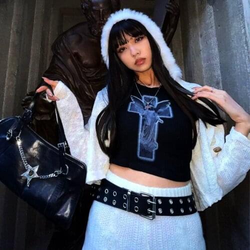 Harajuku Streetwear Punk Gothic Angel Cross Slim Crop Top 90s Vintage Dark Girl Summer Womens Y2K Casual Chic Clothes T-Shirts