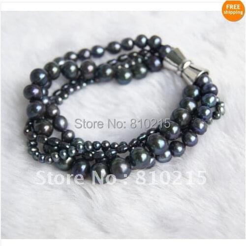Pearl Bracelet With Black Freshwater Pearl 100% Natural Pearl AA4-9MM 8inch Magnet Clasp Fashion Jewelry New Free Shipping