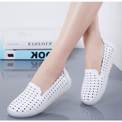 2021 autumn white women flat shoes genuine leather cutout ballet flats shoes flats ladies slip on loafers nurse boat loafers