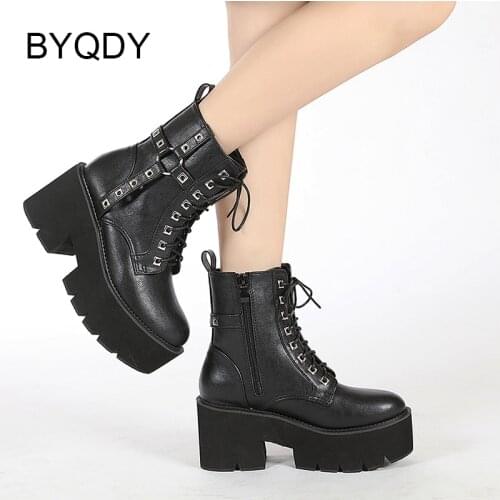 BYQDY Buckle Strap Women Boots Woman Chunky Heel Ankle Shoes Thick Soled Lace Up High Platform Boots Female Plus Size Drop Ship