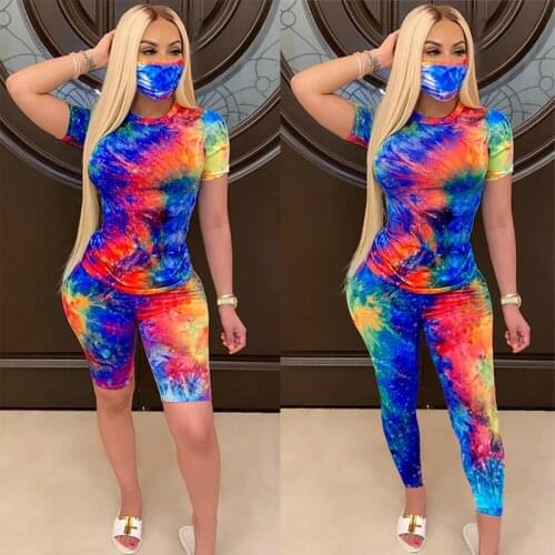 Womens 2 Piece Tie Dye Outfits Summer&Autumn Casual Tops T Shirt Bodycon Short/Long Pants Tracksuit Workout Sets