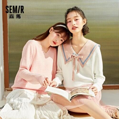SEMIR Black Sweater Women Solid Color V-Neck 2021 Autumn And Spring Cute Sweater New Knitted Top With Bottoming Clothes