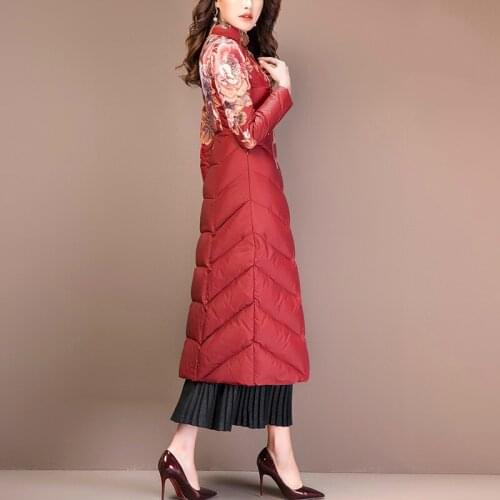 Winter Womens Long White Duck Down Coat Vintage Print Puffer Jacket Doudoune Femme Hiver F133 KJ3887