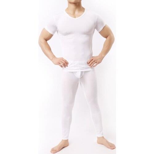 1 Set New Brand Sexy Men See Through Ice Silk T-shirts No Seaming Tee Thin Light Standard Man T-shirt Cool Pajamas FX1037