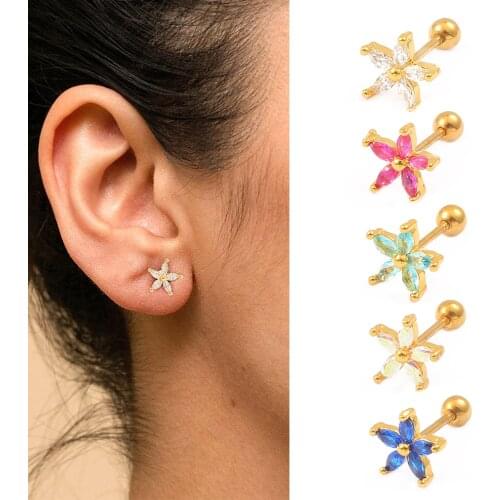 1PC Stainless Steel New Fashion Multicolored Flower Ear Piercing Stud Cz Cartilage Helix Conch Piercing Jewelry
