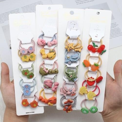 10Pcs Child Cute Hair Accessories Cartoon Animal Elastic Rubber Band Hair Bands Girl Fruit Hair Rope Headband Ponytail Hair Ring