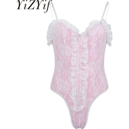 Men Sissy Bodysuits Sexy Lingerie Adjustable Spaghetti Shoulder Straps High Cut Ruffle Lace Teddy Bodysuit Nightwear Sleepwear
