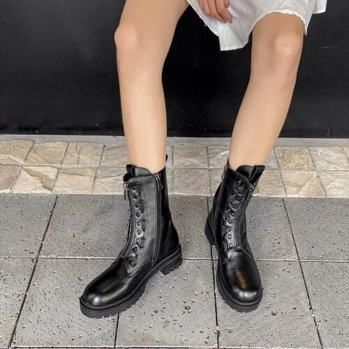 Black PU Leather Ankle Boots Women Autumn Winter Round Toe Lace Up Shoes Woman Fashion Motorcycle Platform Botas LJB258