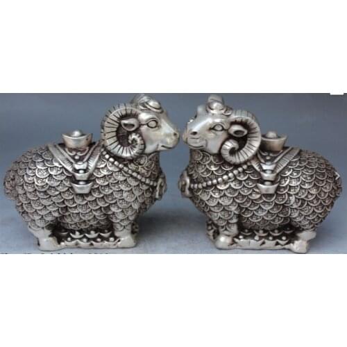 Decoration bronze factory outlets Tibet Silver 7"Chinese Silver Wealth Yuanbao Zodiac Year Sheep Goat Rat Animal Statue Pair