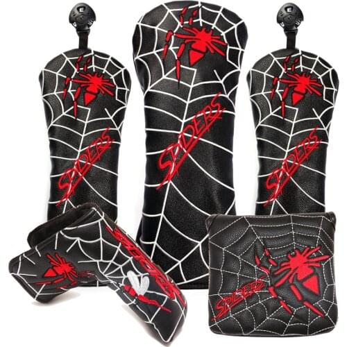 Black PU Leather Spider Embroidery Golf Club Head Covers for Titleist Driver Fairway Woods Hybird Blade Large Mallet Putter
