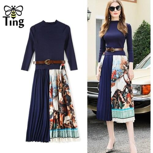 Tingfly Designer Vogue Chic Knitting Patchwork Floral Pleated Midi Long Dress Women Vintage Spring Casual Streetwear Work Dress