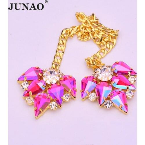 JUNAO 2pcs 30mm Sew On Rose AB Glass Crystals Flower Rhinestone Chain Flatback Strass Applique Sewing Crystal Stones for Clothes