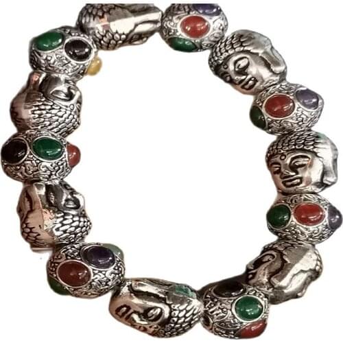 Chinese Old Tibet Silver Carving Inlaid With Jade Beads Inlaid With Tibetan Silver Bracelet