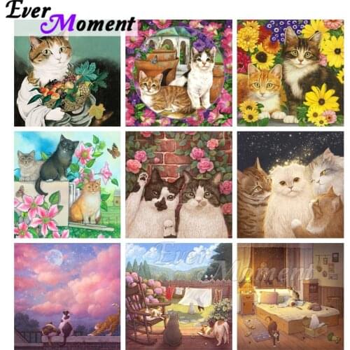 Ever Moment Diamond Painting Kit Cute Cats Night Flower 5D DIY Beadwork Cross Stitch Diamond Embroidery Art Home Décor ASF2298