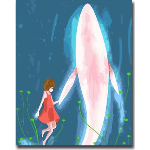 Framed Wall Pictures DIY Oil Painting By Numbers Wall Art Acrylic Oil Canvas Paintings Girl and dolphins For Living Room A4050