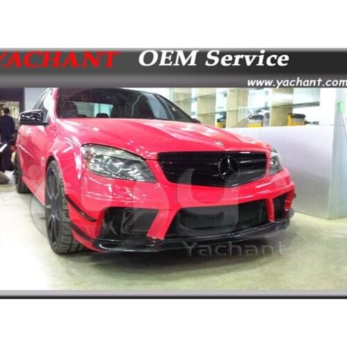 FRP Fiber Glass Black Edition Style Front Bumper with Carbon Fiber Front Lip and Canard Fit For 2008-2011 W204 C63 Sedan & Coupe