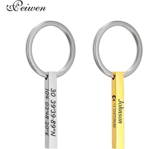 Personalized Customized Bar Keychain Stainless steel Anti-lost Keyring Laser Engraved Name Date Coordinate Custom Jewelry Gift
