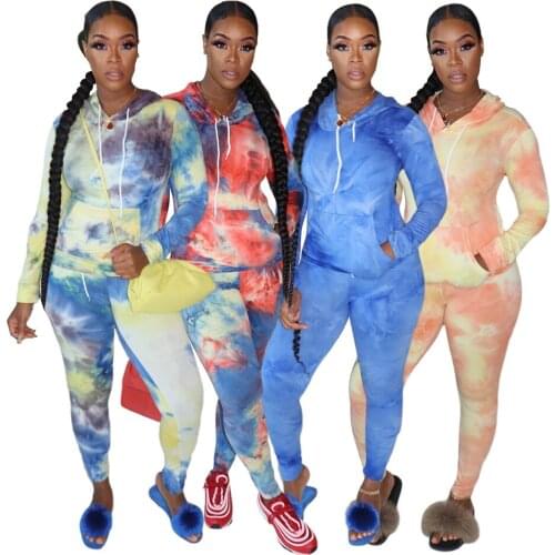 Casual Fashion Tie-dye Hooded Two-piece Sets Long Sleeve Full Pants Sports Suits Spring Autumn Tracksuit Fitness Women Clothing