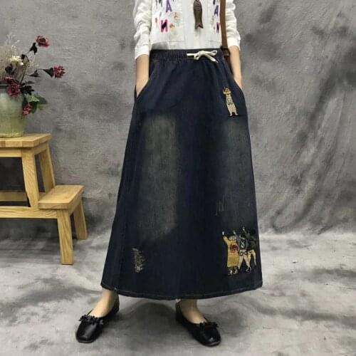 Plus Size Women CartoonEmbroidery Long Denim Skirt Vintage Ripped Distress Elastic High Waist Oversized Maxi Jeans Skirts Female