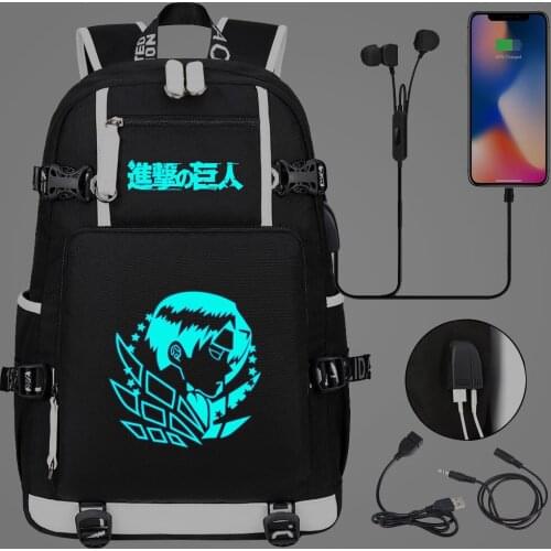 Blue Luminous Attack On Titan USB Boy Girl School Bag Large Capacity Teenagers Students Schoolbags Women Men Travel Backpack