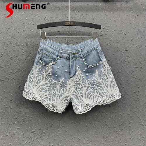 High Waist Beaded Lace Denim Shorts for Women 2021 Summer New Personalized Trendy Wide Leg A- Line Hot Pants Jeans Shorts Female