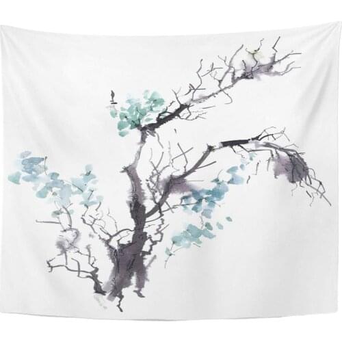 Blue Brush Watercolor and Ink of Tree Foliage in Style Sumi E U Sin Oriental Traditional Painting Green Tapestry Home Decor Wall