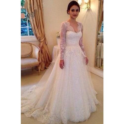 Long Sleeve Wedding Dresses A-Line Vestido De Noiva 2021 Elegant V Neck Lace Appliques Bridal Gowns