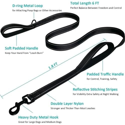 Reflective Dog Leash 6Ft Long Traffic Padded Two Handle Double Handles Lead for Training Control Handle Leashes for Large Dog