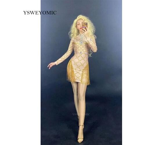 Party Dress Gold Rhinestones Fringes Pearl Short Dress Birthday Celebrate Spandex Wear Prom Women Dress Wedding Prom Outfit