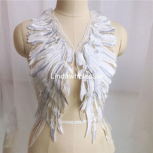 Embroidery lace applique feather phoenix flower bride wedding lace wings applique,2pcs/lot