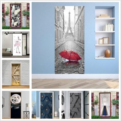 Iron Tower Landscape Door Wallpaper Vinyl Adhesive Waterproof Wall Sticker Room Decoration Dinosaur Mural Posters deurstickers