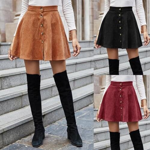 Women High Waist Corduroy Button Up Front Flare A-Line Short Mini Skater Skirt Basic Solid Versatile Miniskirt New Arrival 2020
