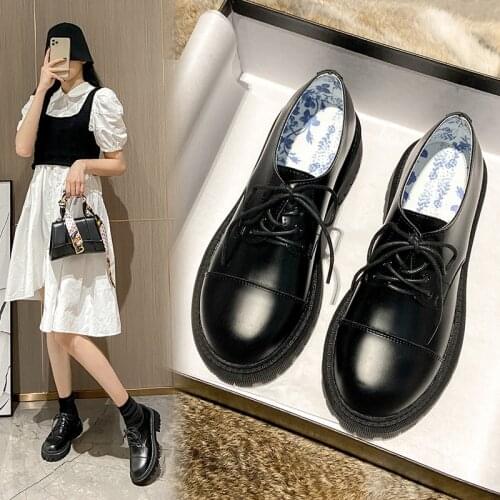 Creepers Print small leather shoes for women plush flats chunky heels derbies platform shoes woman college lace up loafers 34-43