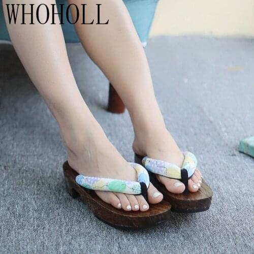 WHOHOLL Womens Clogs Japanese Slippers Cos Japanese Geta Flip-flops Wood Thick-soled Slippers Summer Non-slip Wedge Sandals