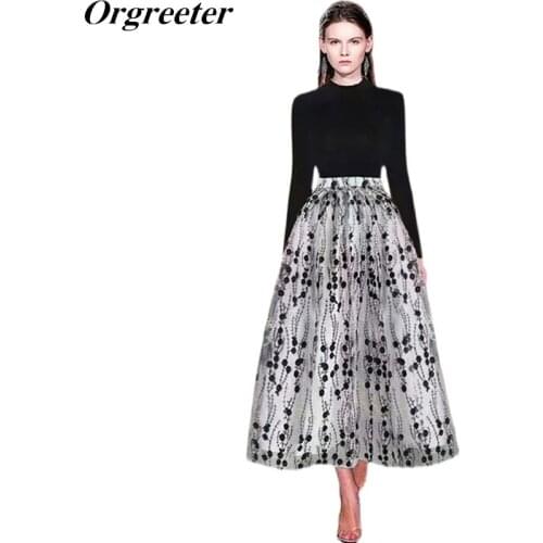 Runway Designer High Quality Floral Embroidery Mesh Long Maxi Skirts Two piece set Women Autumn New Knit Tops Elegant OL Suits