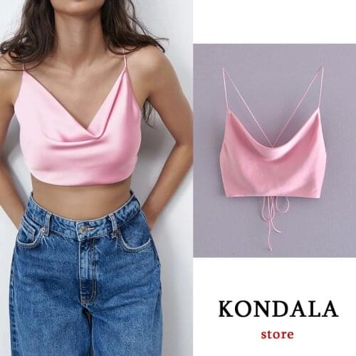 KONDALA Za Chic Pink Silk Sexy Cropped Tops Mujer Bow Tie V Neck Sweet Cami Backless Tanks Mujer Fashion 2021