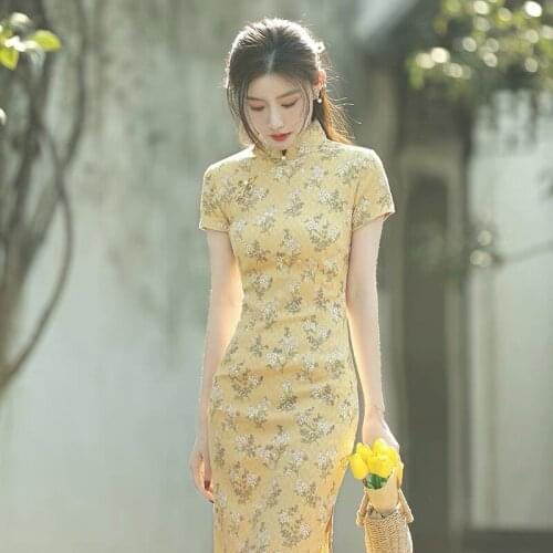 Women Floral Dress Cheongsam Chinese Style Skinny Dress Classic Streetwear Sexy Vintage Elegant Bag Hip 2021 Summer New Fashion