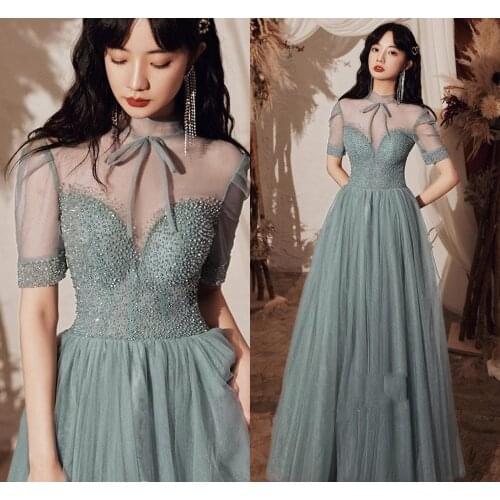 Elegant High Neck Prom Gown Sage Crystal Beads Evening Dress Short Sleeves Formal Party Gowns 2020 Long vestido fiesta