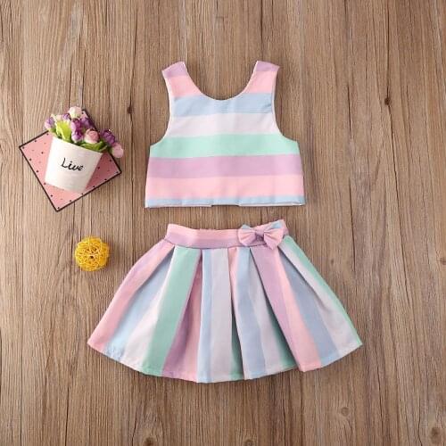 Imcute 2PCS Girls Sleeveless Vest Rainbow Striped Skirt Set Comfortable Toddler Kids Baby Girl Clothing Set Mini Bow-knot 6M-3Y