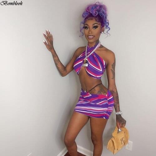 Bomblook 2021 Spliced Print Sleevelees Haleter Midriff Crop Tops Irregularity Slim Skirt 2 Pieces Matching Suits Summer Women