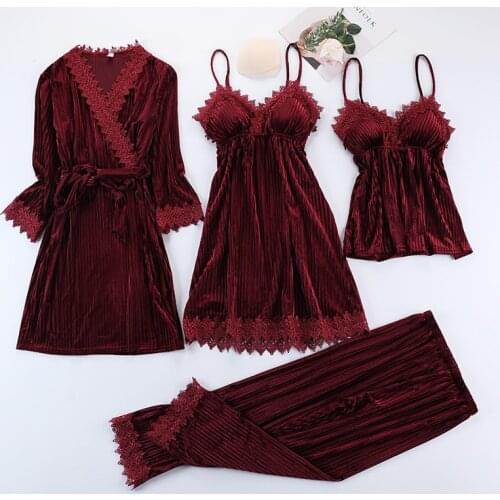 Burgundy Velour Pajama Suit Women 4PCS Kimono Robe Nightgown Set Sleepwear Lady Winter Warm Striped Gold Velvet Bathrobe Gown