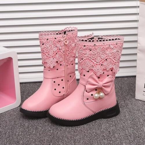 Childrens winter boots girls lace middle calf fashion boots princess winter flat dress shoes black red pink snow shoes