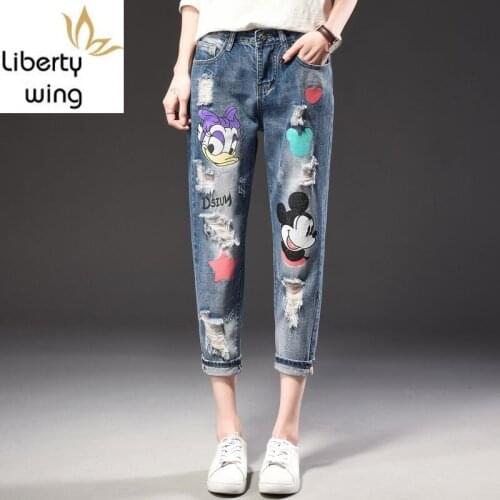 Jeans Woman New Fashion Spring Summer High Waist Pants Streetwear Womens Cropped Trouser Female Hole Ripped Jean Plus Size